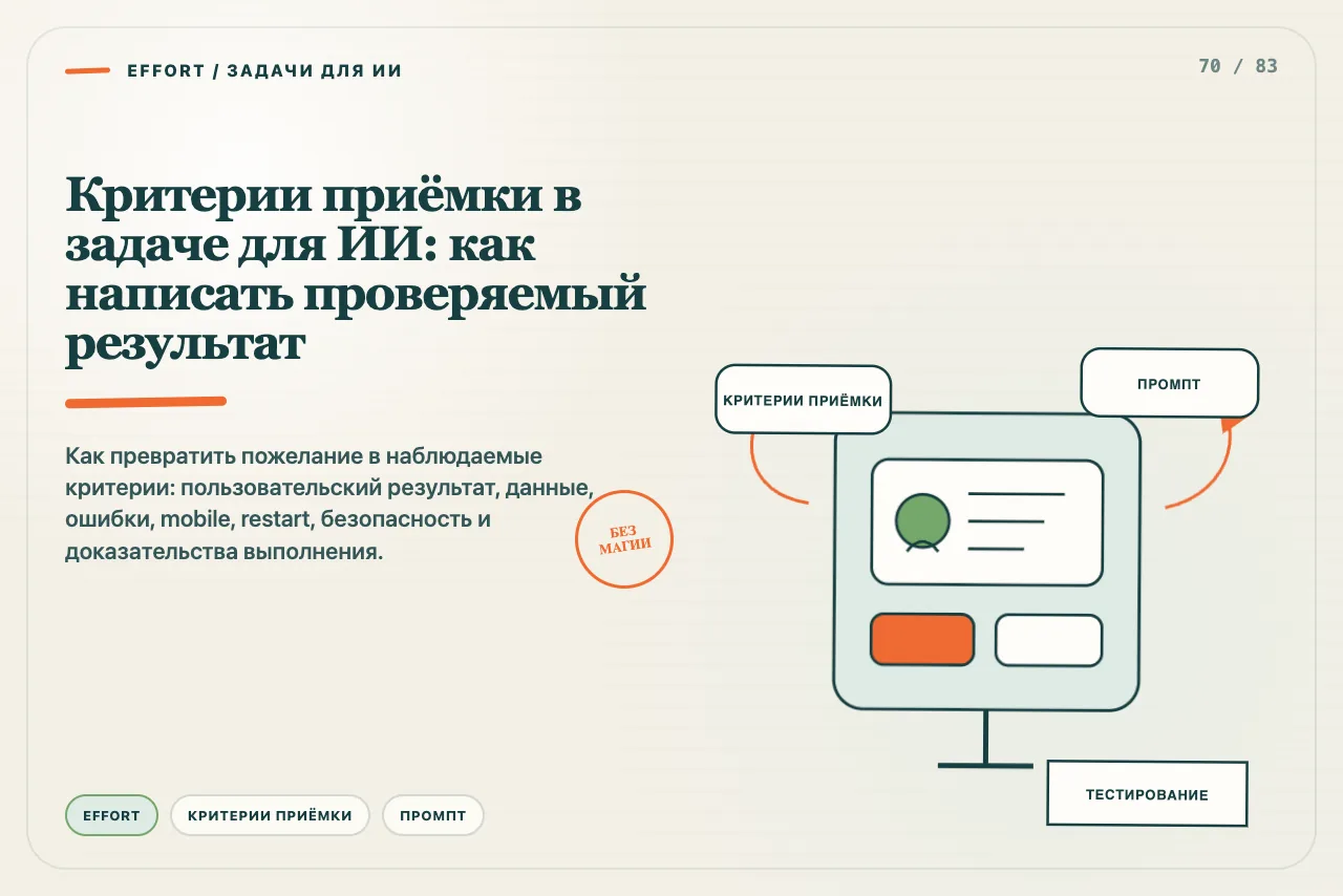Размытое пожелание превращается в чек-лист пользовательского пути, ошибок, mobile и restart